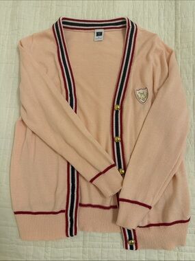Janie and Jack Peach Cardigan with Red, Navy & White Stripe Trim